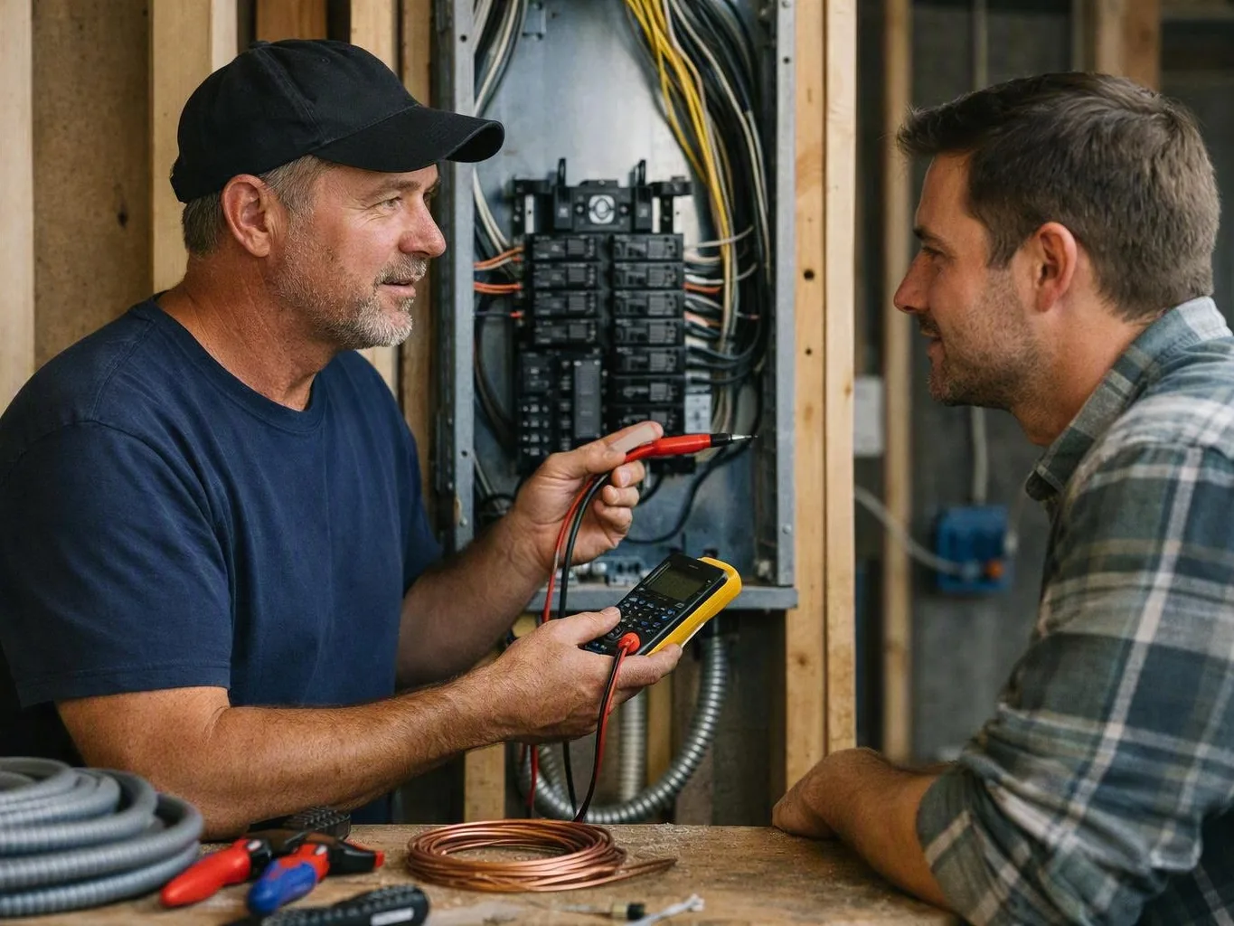 Two electricians inspect an open electrical panel with a multimeter in a framed