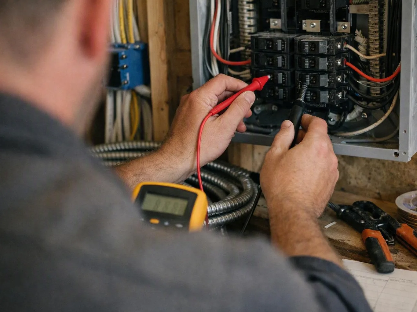 Electrician holding a clipboard beside electrical panels and wiring in a