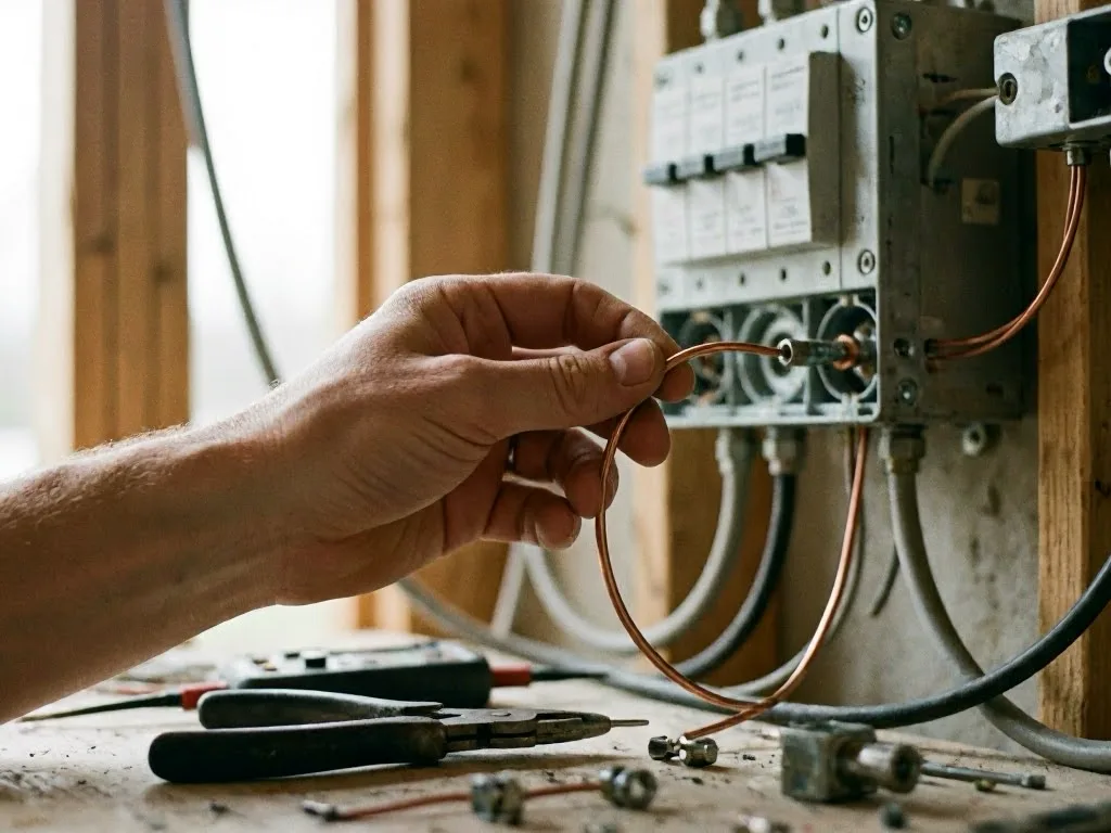 Two men inspect an open electrical breaker panel in an unfinished room, one holding a multimeter and pointing at the wiring