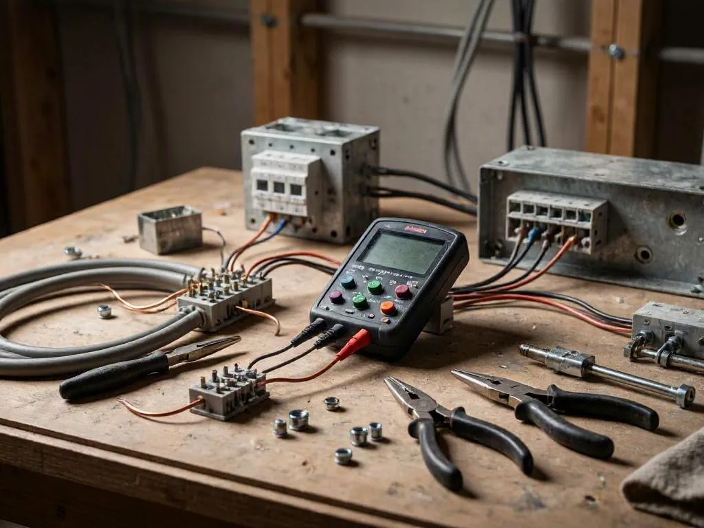 A hand uses a red probe on an electrical breaker panel with wires and tools nearby