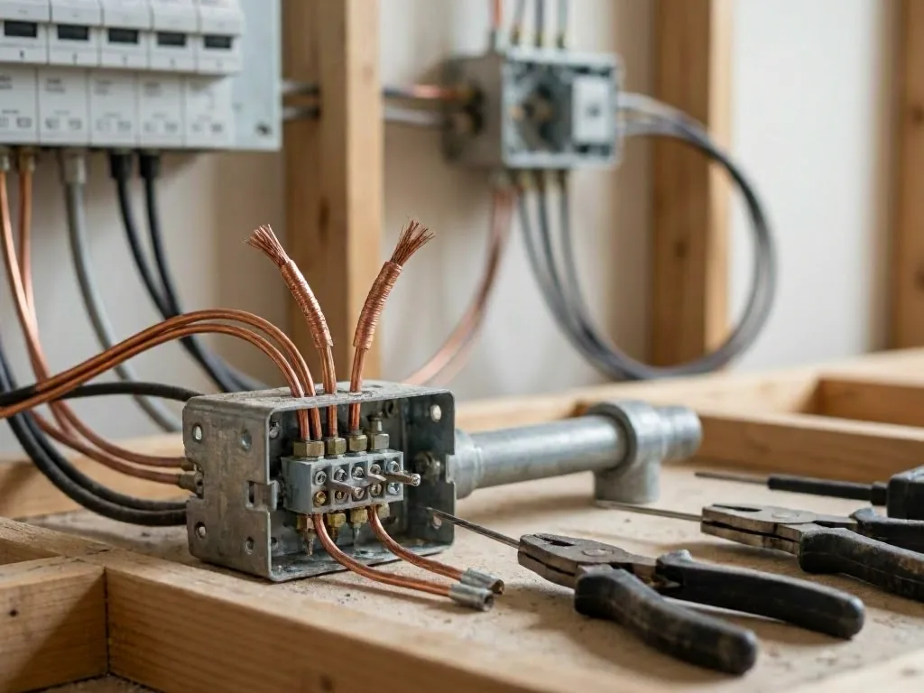Electrical wiring, breakers, and test tools sit on a wooden workbench inside a wall cavity