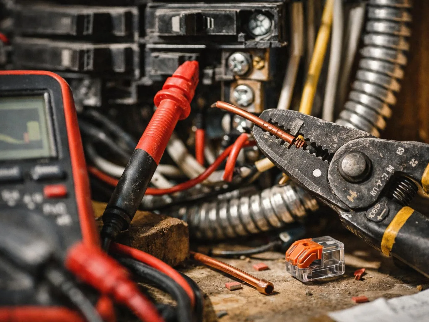 Electrician checking an attic fan wiring connection