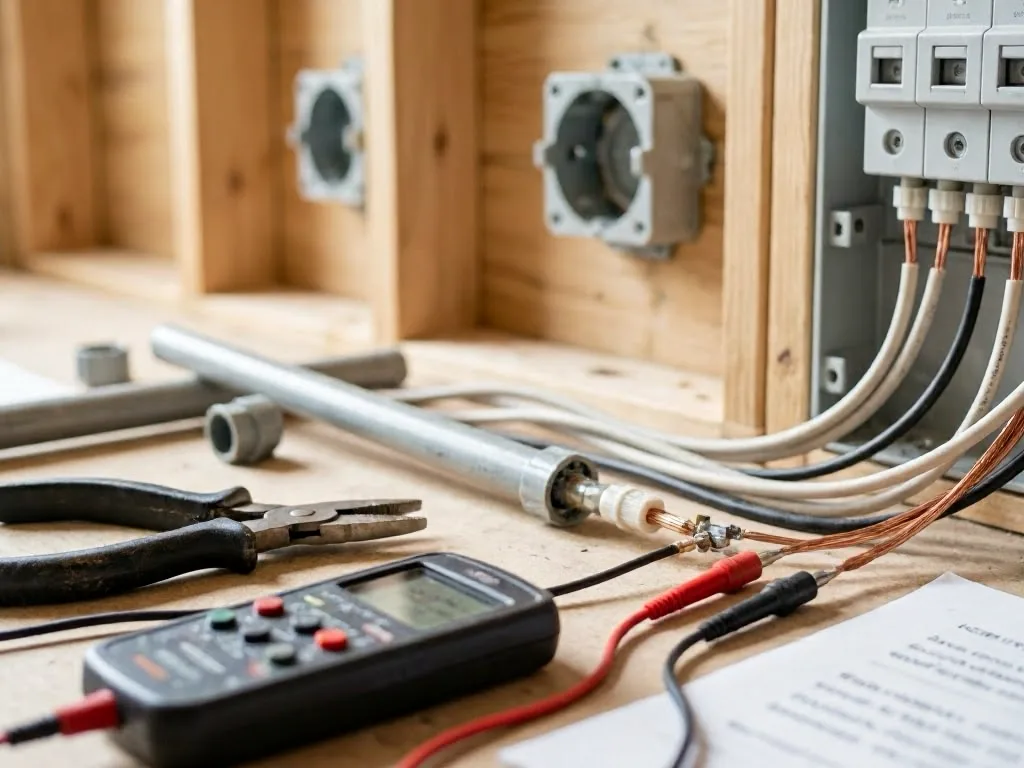 Electrical tools and wires rest on a wooden workbench beside an open panel