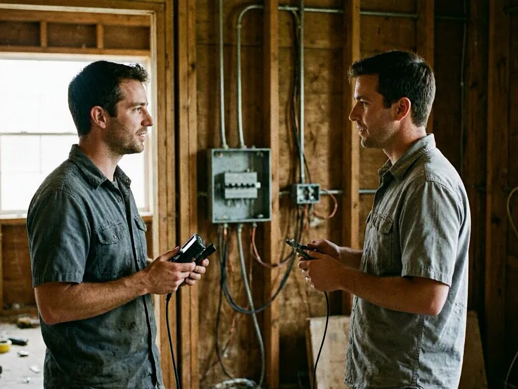 Two electricians test cables near exposed wiring and a breaker box in a bare