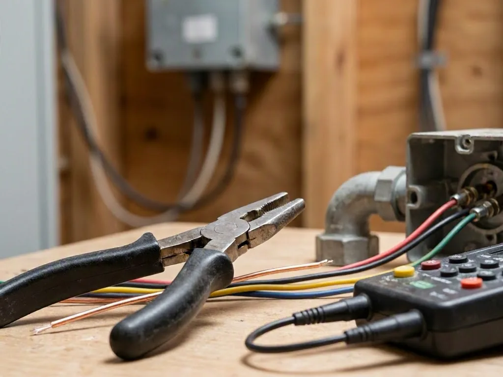 A man in work gloves holds a flashlight and pliers inside a dim attic workshop