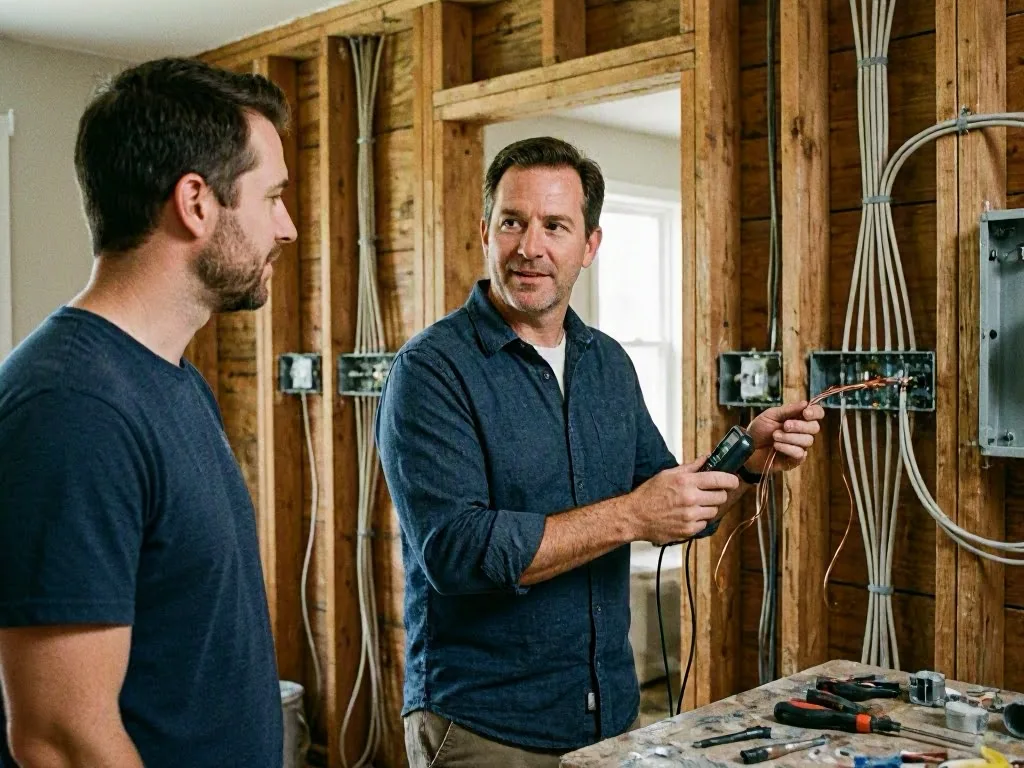 Two men inspect an open electrical panel while one holds a multimeter in a workshop
