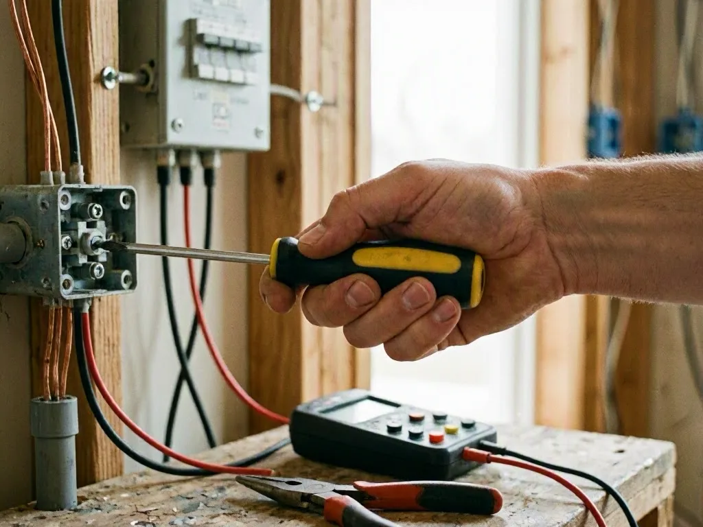 A technician tests wiring in an open electrical panel with a red multimeter in a workshop