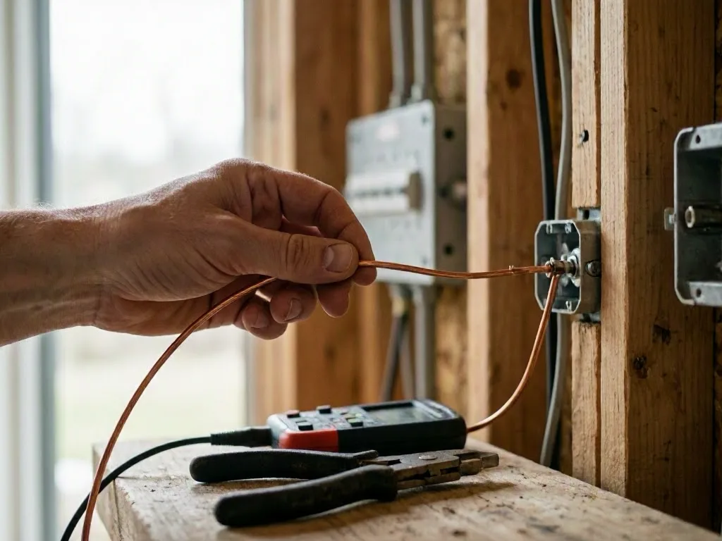 Electrician testing a breaker panel inside a suburban home