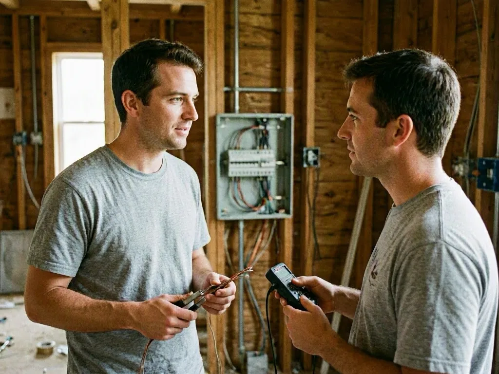 Electrician repairing an outdoor light beside a dry yard