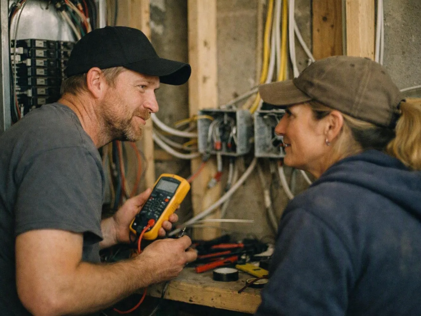 Electrician tracing wires near an industrial control panel
