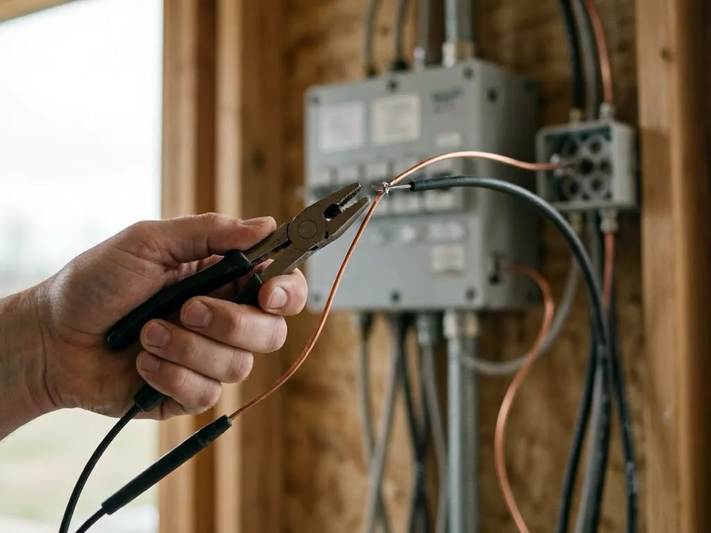 Hand using pliers to strip an electrical wire inside an unfinished wall box
