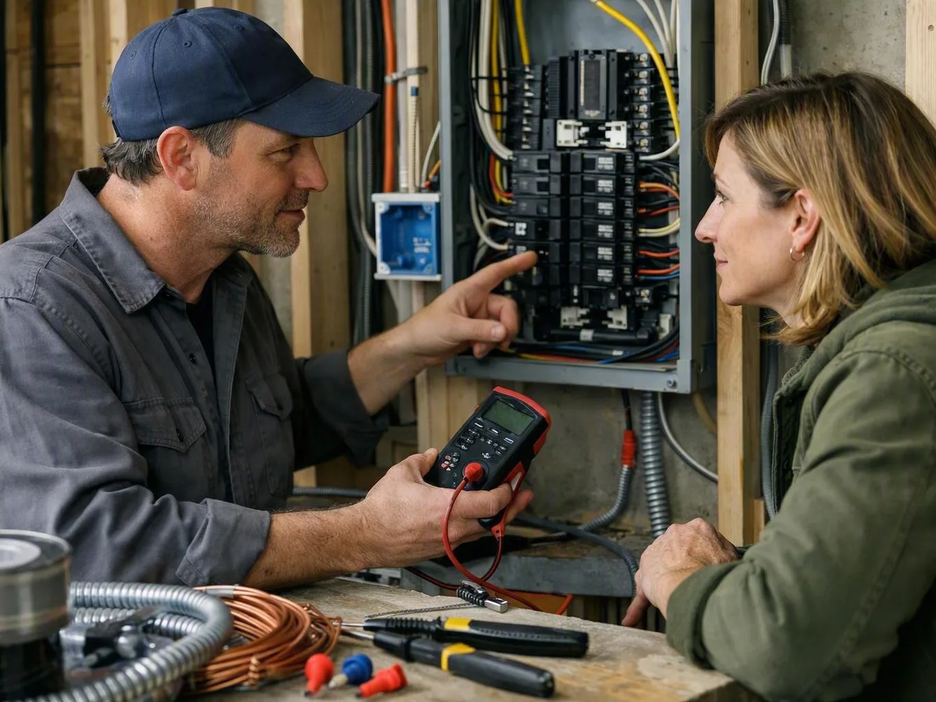 Two electricians talk beside an open breaker panel in a unfinished room with exposed wiring and brick walls