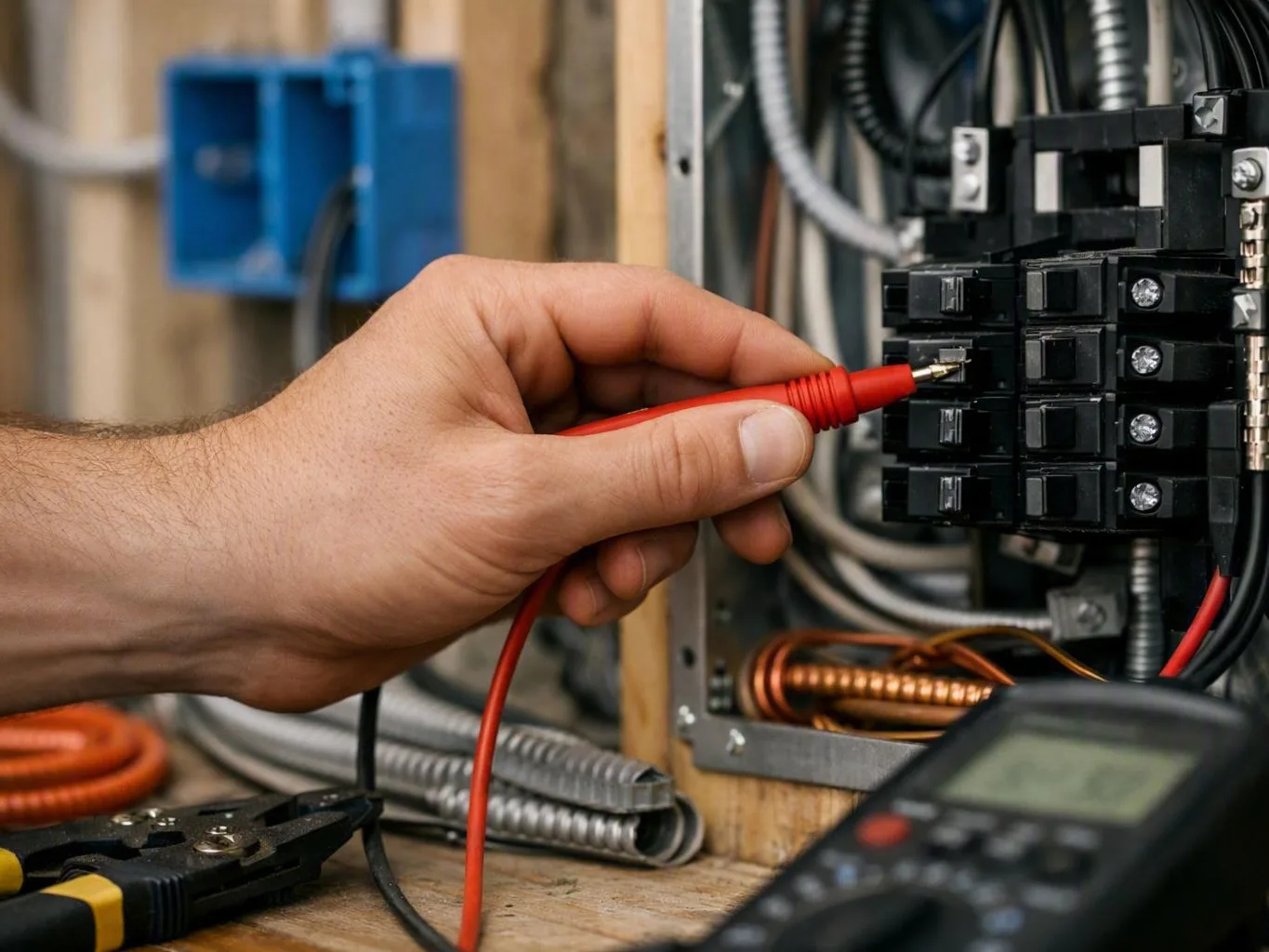 Technician wiring a ceiling light in a kitchen