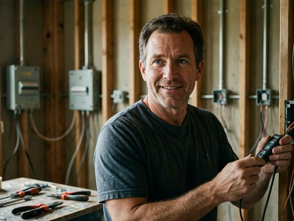 Electrician checking an outdoor landscape light