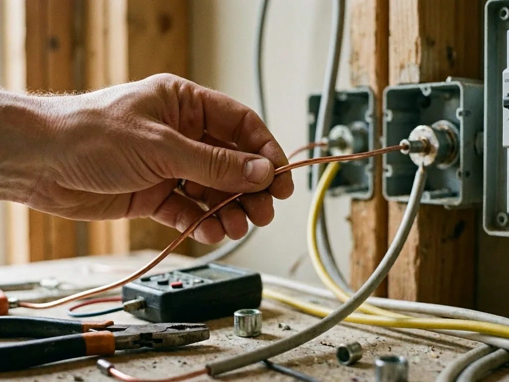 Hand bending copper wire beside electrical boxes, cables, and pliers in a