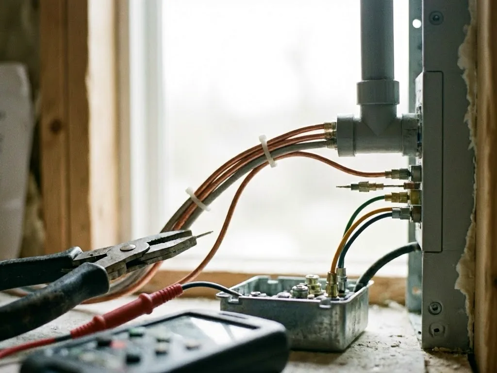 Electrical wires, pliers, and a handheld meter rest on a wooden workbench in a wall cavity