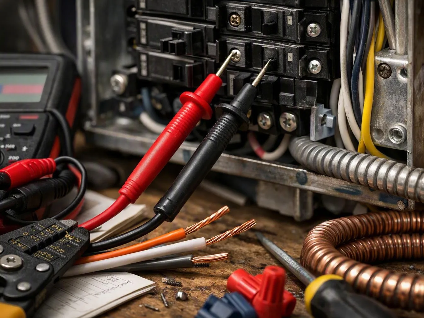 Technician tracing wires beside an indoor electrical panel