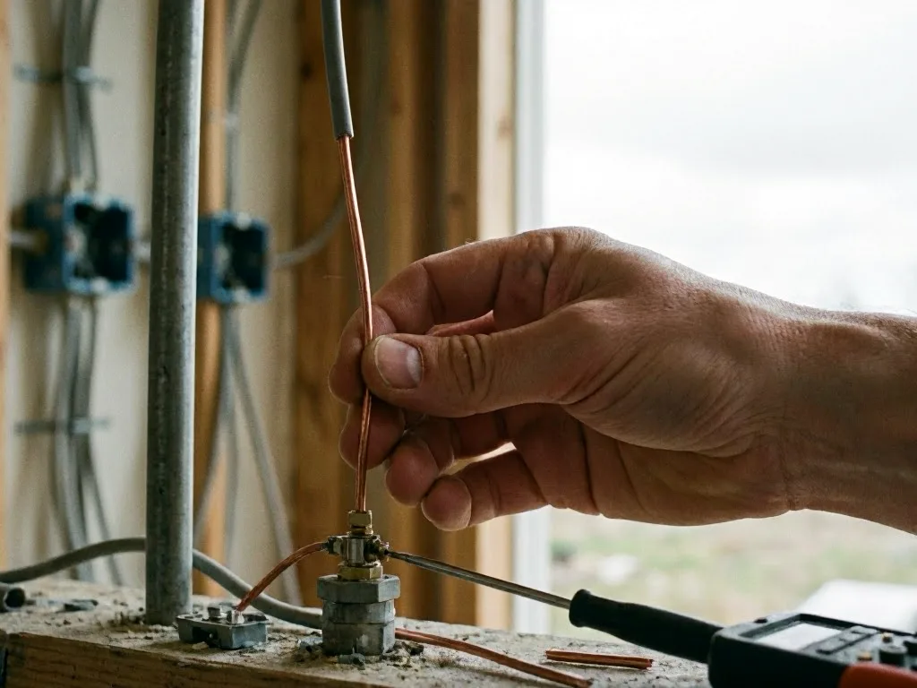 Electrician repairing a wall light in a living room