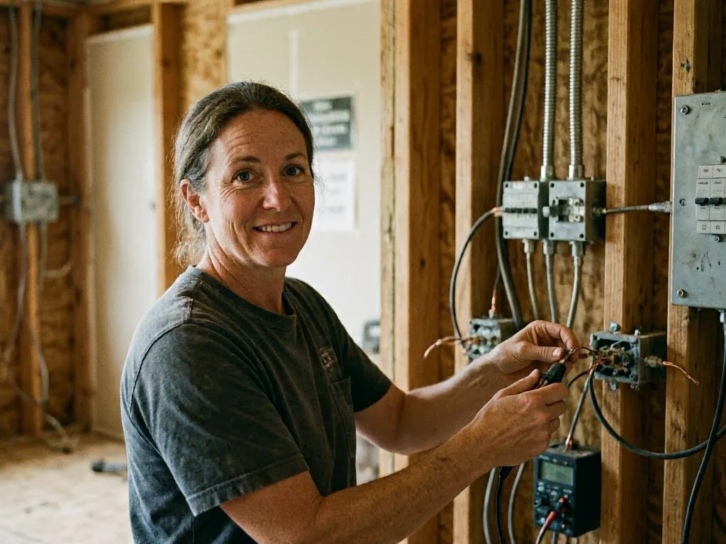 An electrician tests wiring inside an open breaker panel with a digital multimeter
