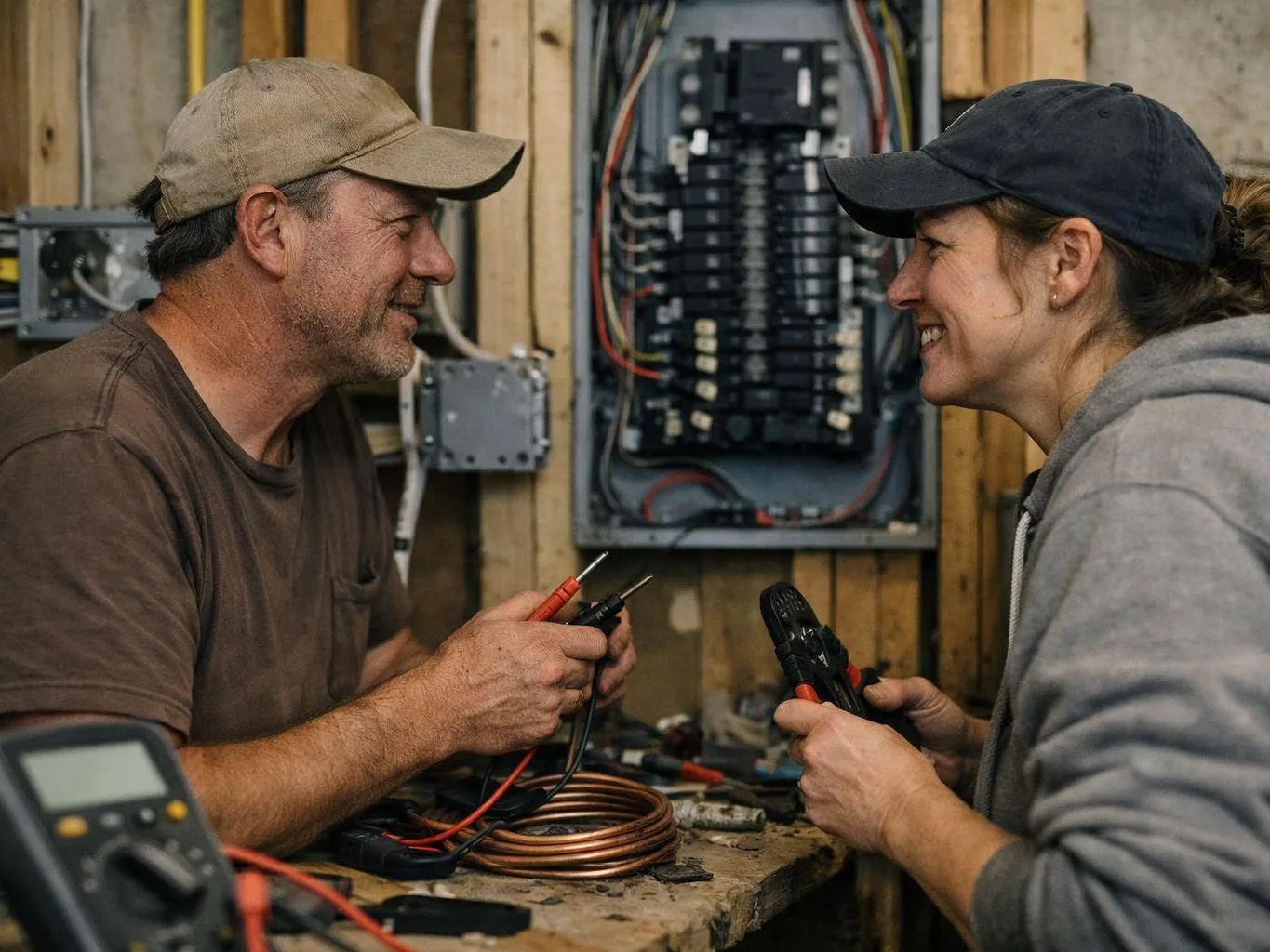 A close-up shows an electrician testing wires in a breaker panel with a multimeter and pliers