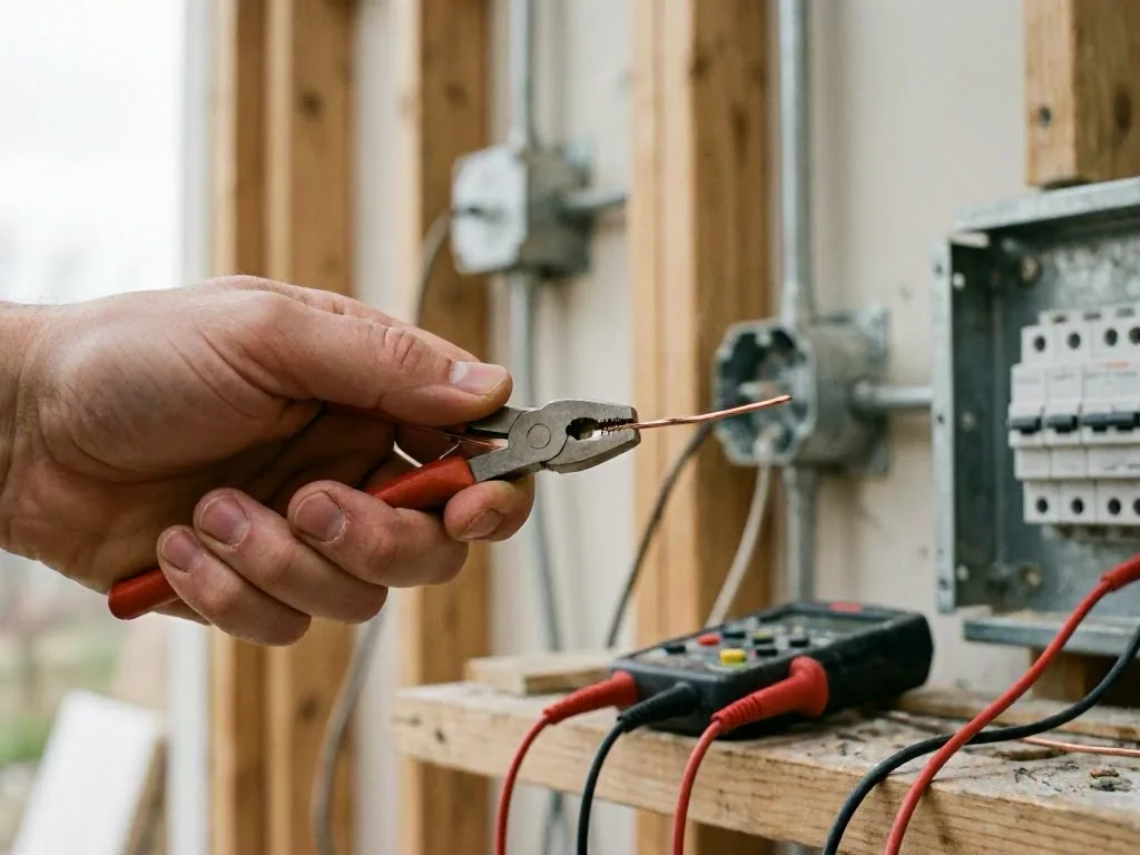 Electrical wires, pliers, and connectors lie on a dusty wooden workbench beside an open wall panel