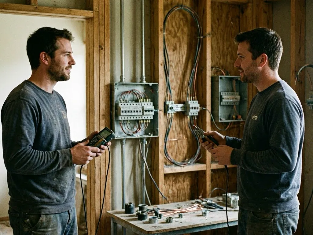 Two electricians face each other beside open wiring panels in an unfinished room