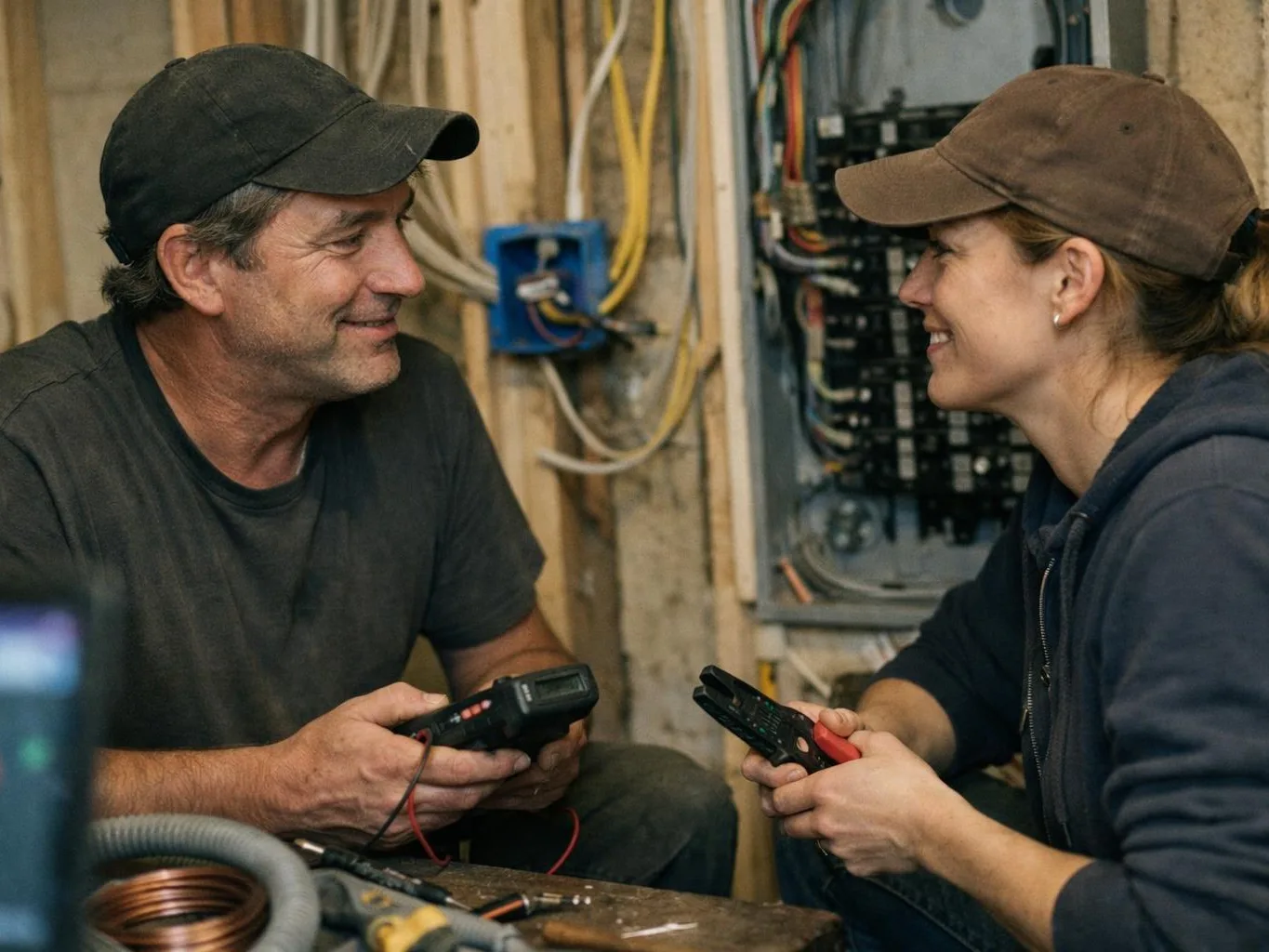 Two electrical workers hold testing tools beside open wiring panels in a