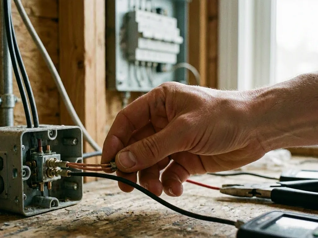 Hand connecting copper wires inside an open electrical box with tools on a