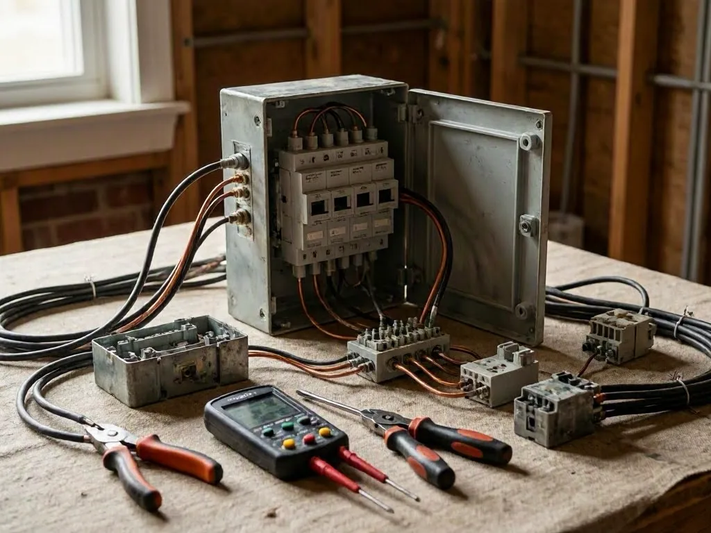 Open electrical control box with wires, terminals, pliers, and multimeter on a