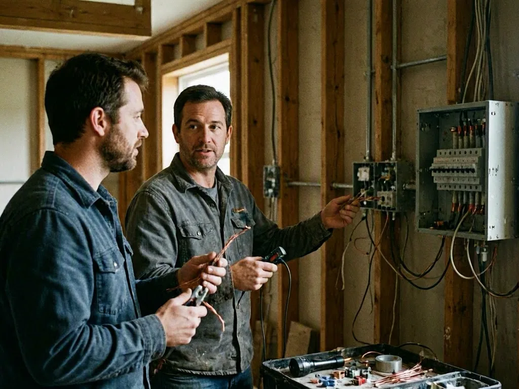 Two electricians inspect exposed wiring beside an open breaker panel in a