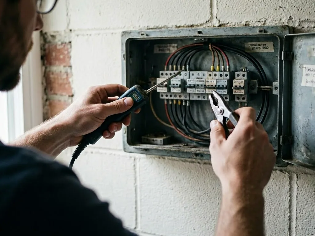 Electrical wiring and breakers are mounted on wooden studs, with hand tools on a workbench below