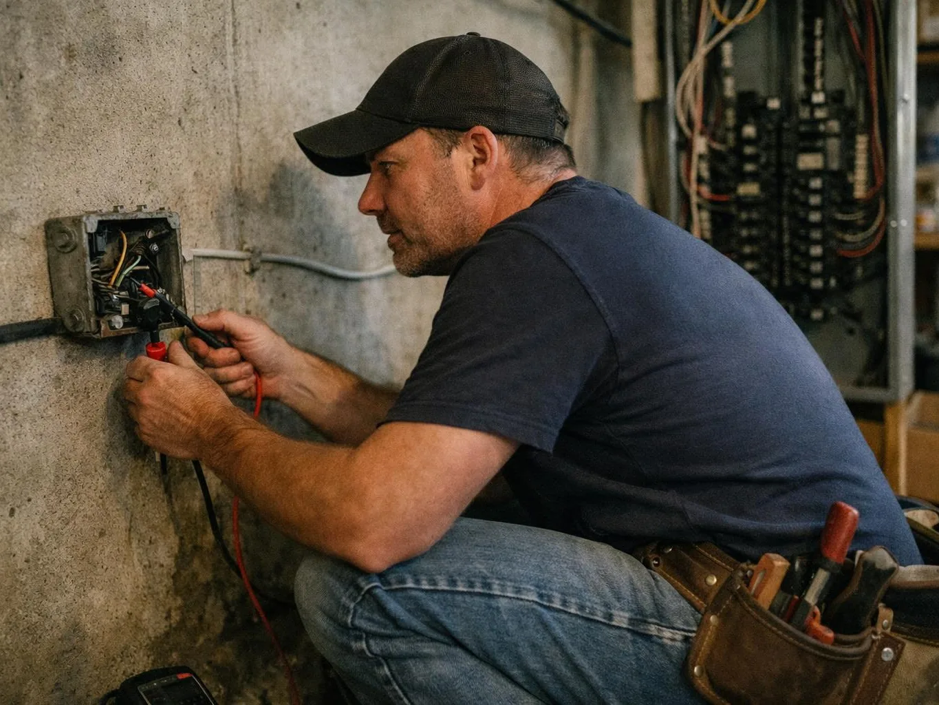 Two people inspect open electrical panels in a bare wooden wall, one holding a phone and the other pointing at wiring