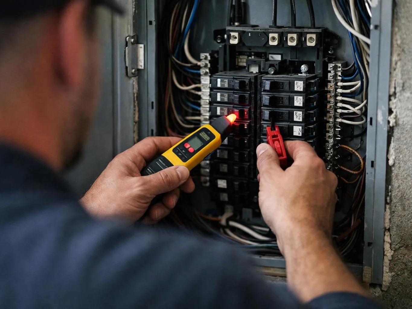 A hand uses pliers to strip a copper wire inside an unfinished wall with electrical boxes and test equipment
