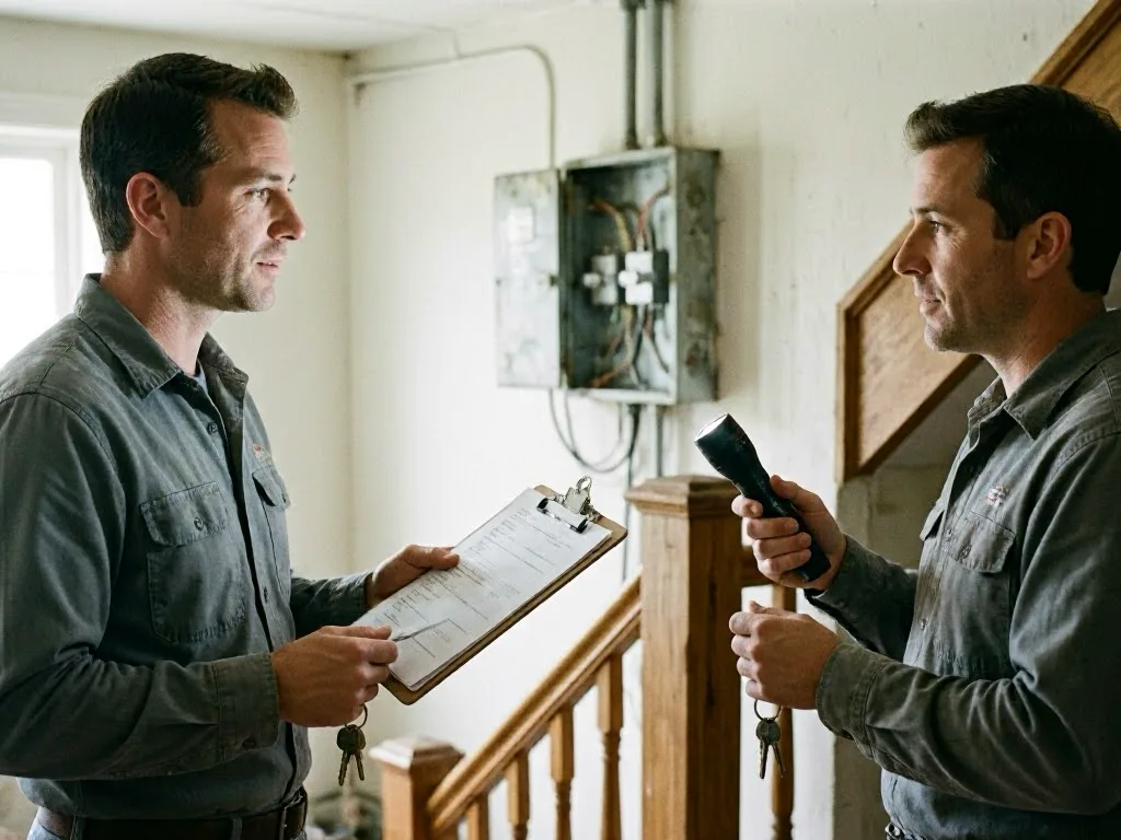 Electrical wiring and breakers inside a wall cavity with pliers and a handheld tester on the floor