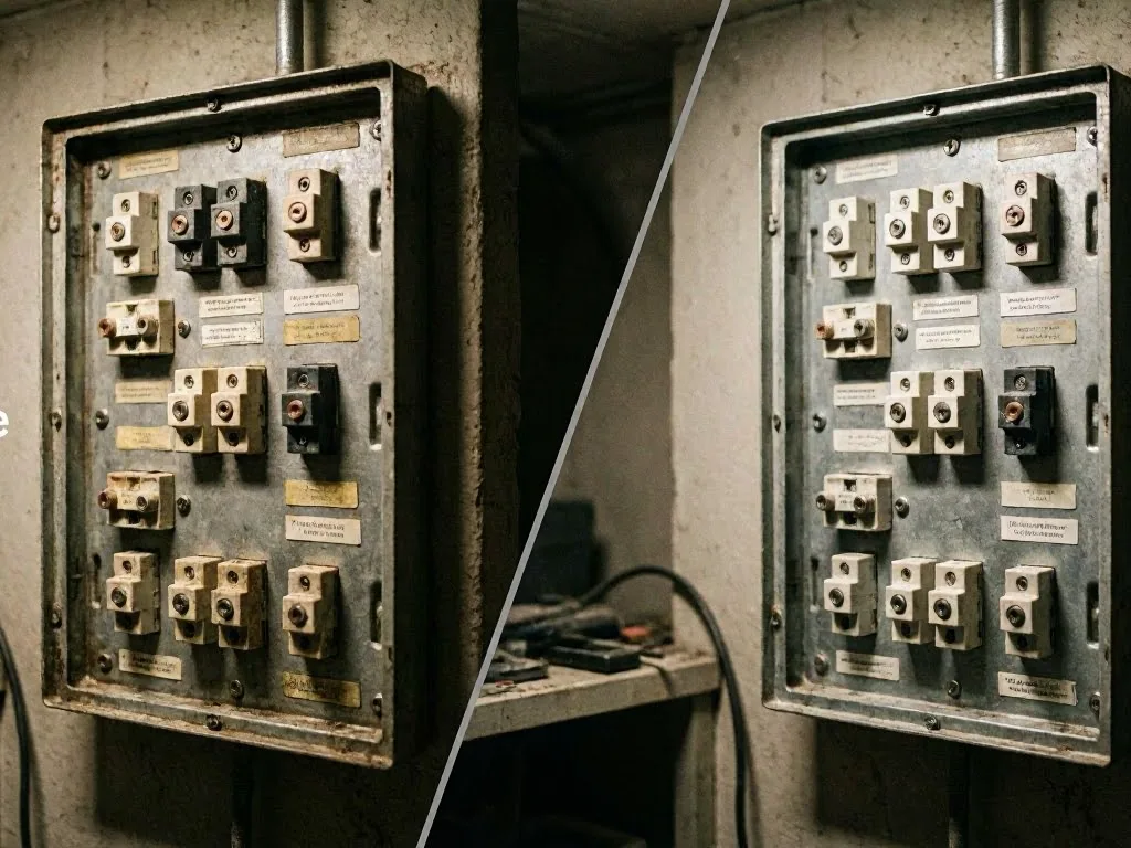 Electrician tools and digital tester hang beside open electrical panels with neatly wired breakers on a wooden wall