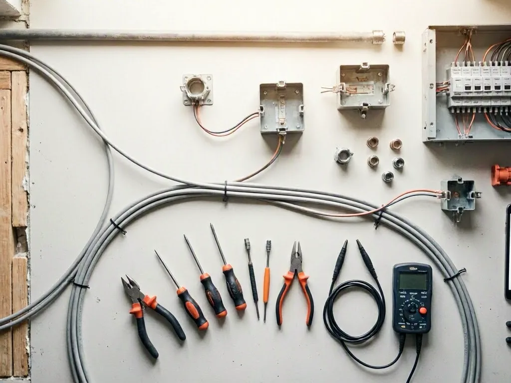 A small electric motor sits beside a red multimeter, test probes, and four black screws on a workbench