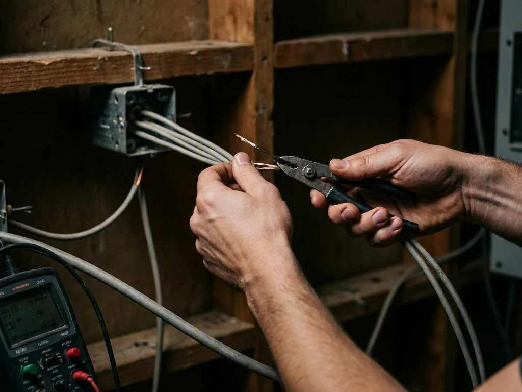 Electrician testing a breaker panel indoors
