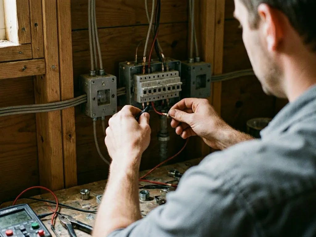 Technician repairing a ceiling light in a home