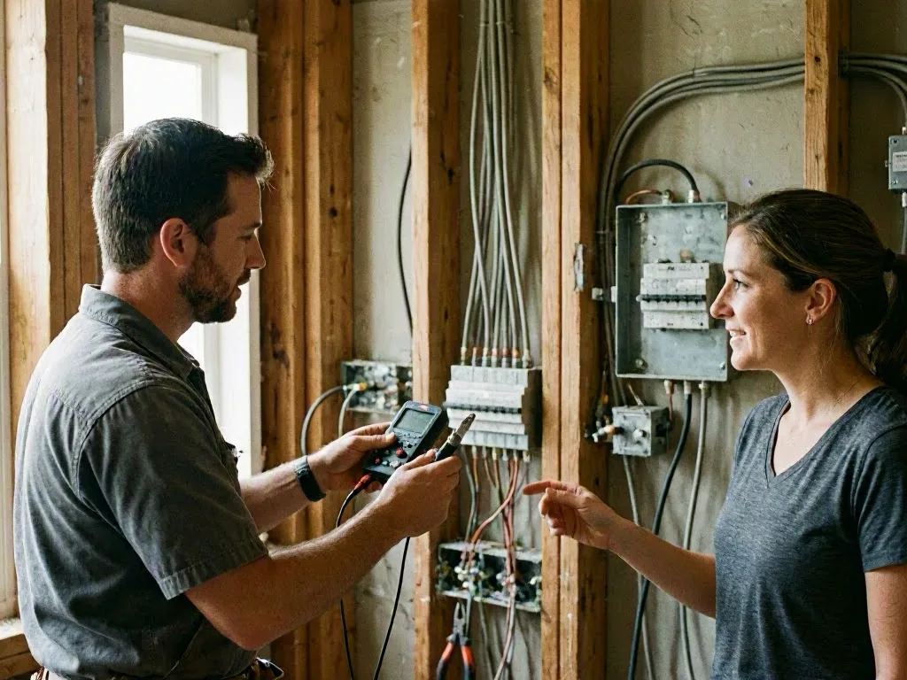 Man inspecting a furnace fan with a flashlight in a wooden attic