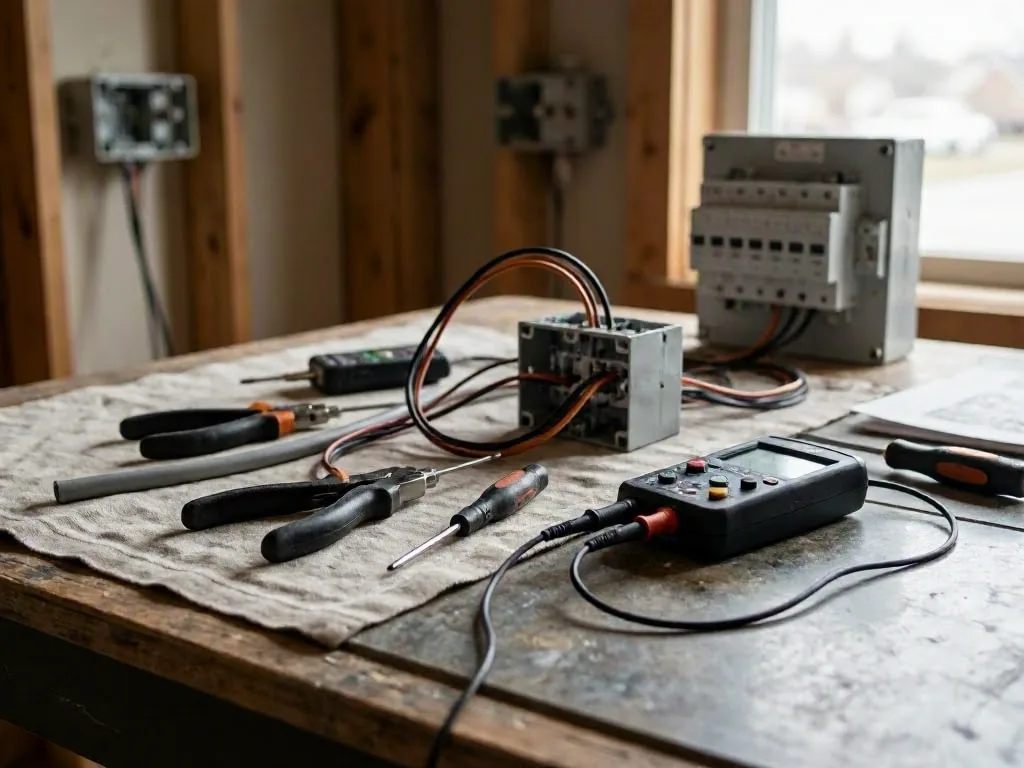 Electrical tools and testing equipment on a workbench beside exposed wiring and