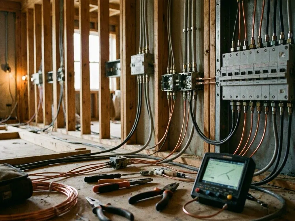 Unfinished house interior with exposed wiring, breaker panels, and electrical tools across the floor