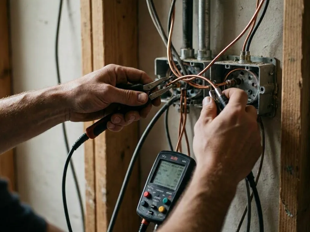 A person tests exposed outdoor wiring with a digital multimeter beside a garden light fitting
