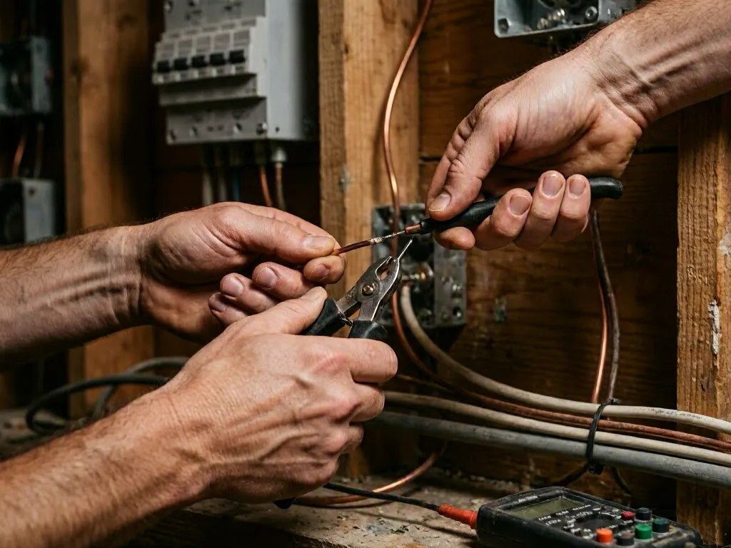 Worker on a ladder cutting ceiling wires with pliers inside a home