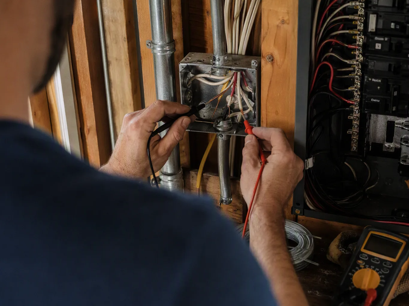 Black circuit breaker beside pliers, screwdrivers, and electrical papers on a