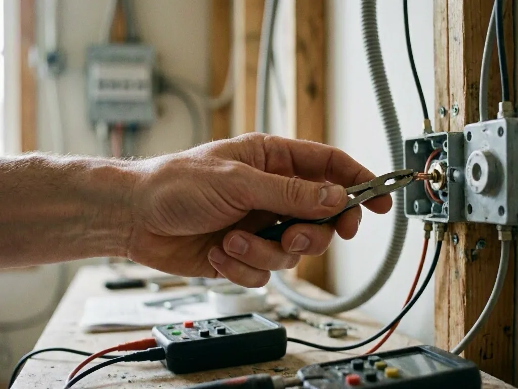 Hand holding a small electrical switch beside an open wall box with exposed