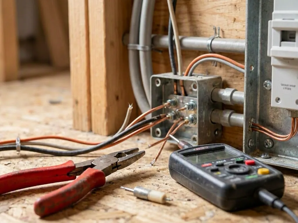 A smiling man in a tool belt holds a recessed light fixture inside a room under renovation