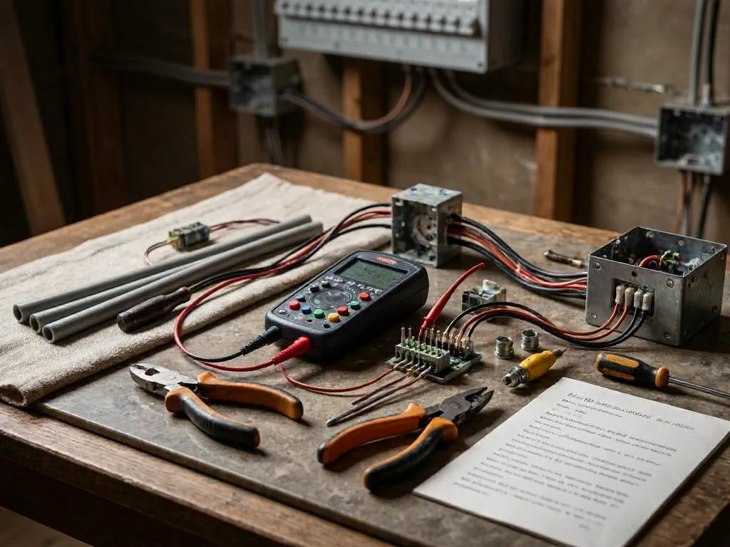 A man tests ceiling wires with a multimeter while standing on a step ladder indoors