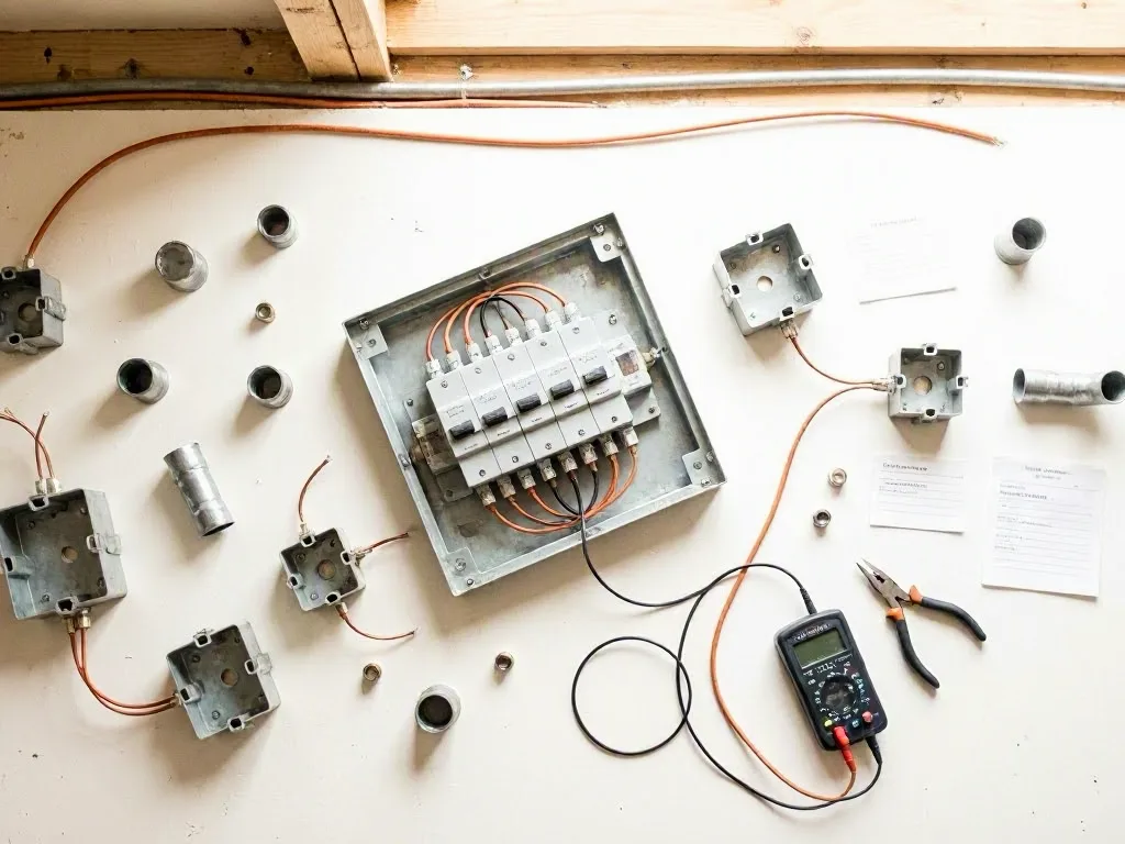 Man checks ceiling light wiring with a glowing tester while standing on an