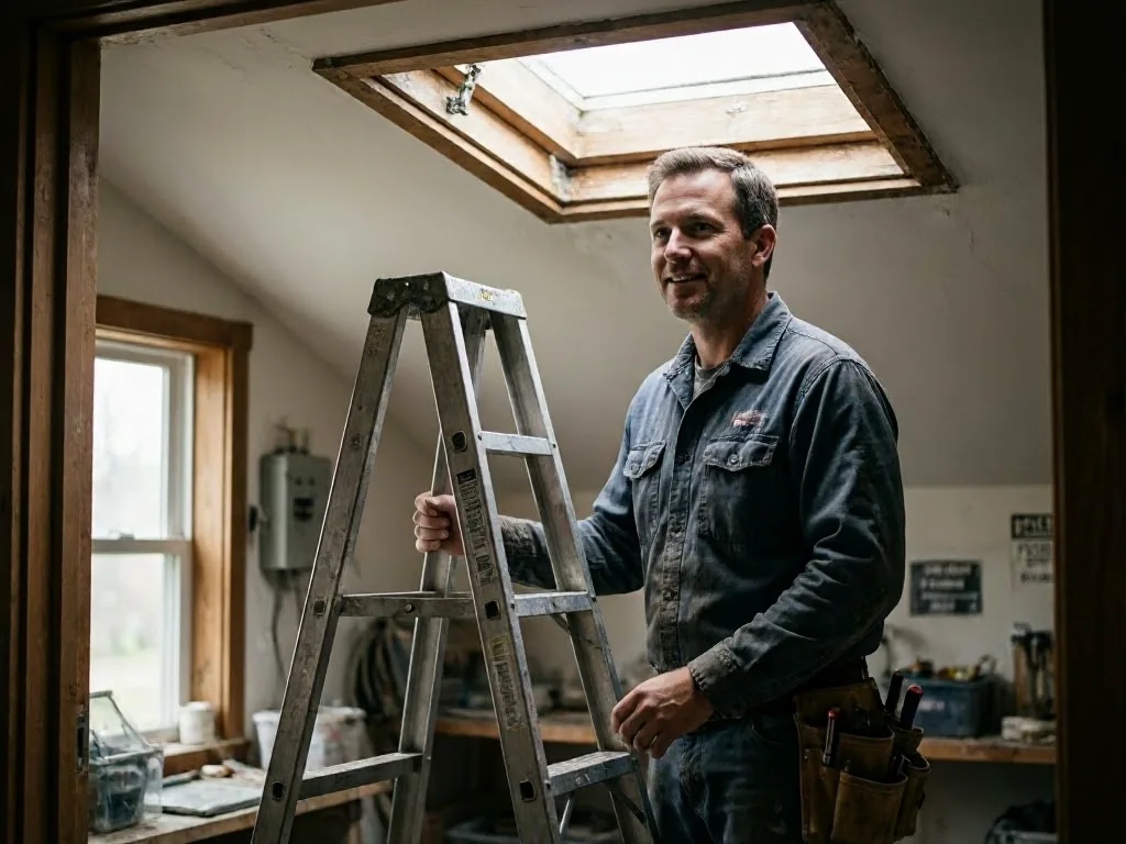 Electrician standing beside a ladder in a workshop beneath a skylight