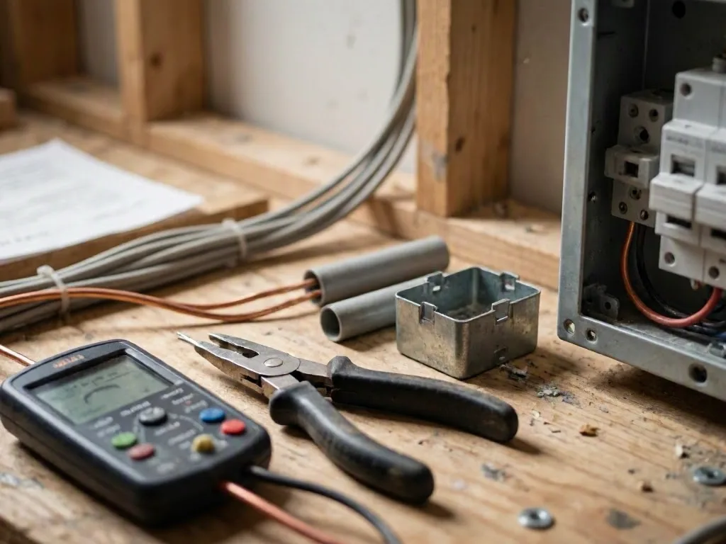 A white smoke detector sits on a wooden table beside two 9-volt batteries and a screwdriver